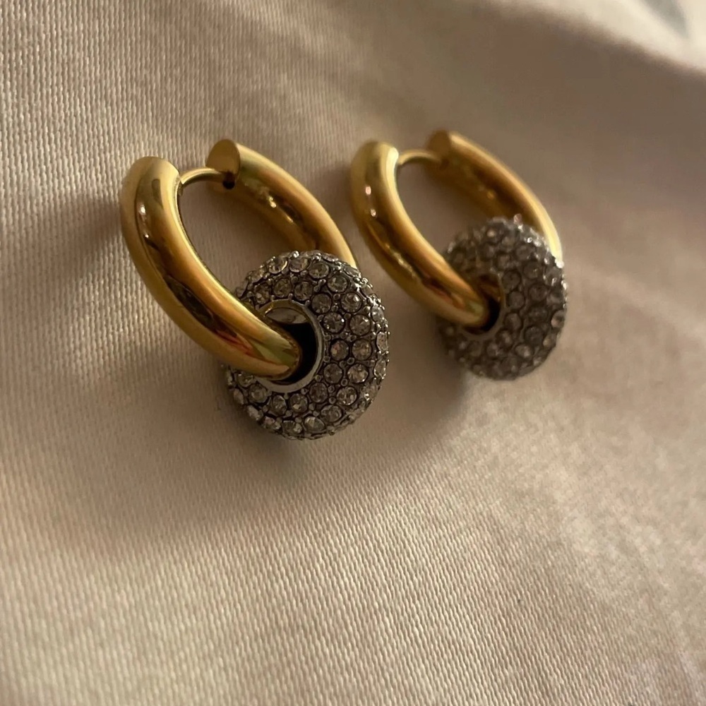 18k Gold Plated Hoop Earrings with Cubic Zirconia Stones - Picture 2 of 8